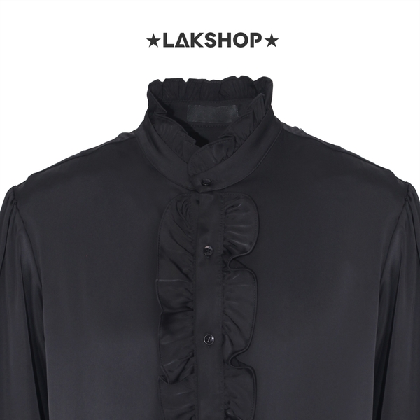 Áo Black Ruffled Trim Stand Collar Shirt