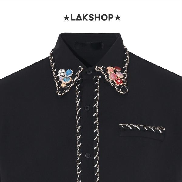 Áo Black with Trim & Stone Padded Shoulder Shirt