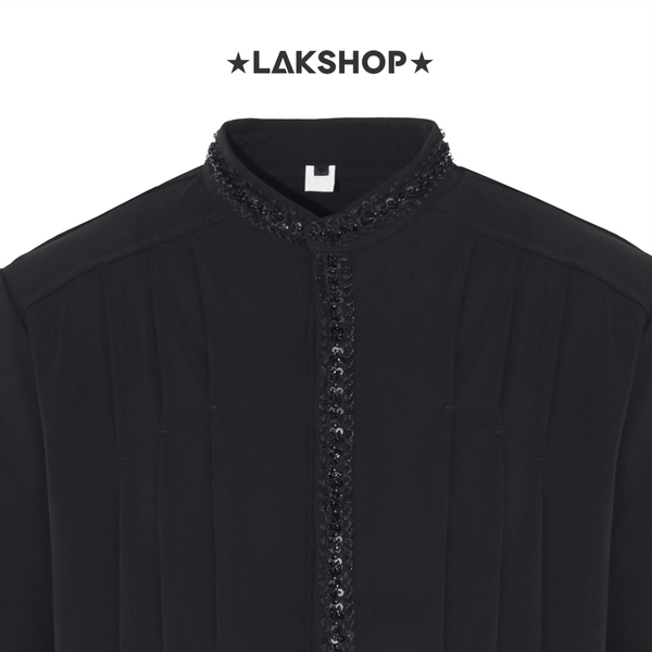 Áo Black with Trim Pearl Stand Collar Shirt