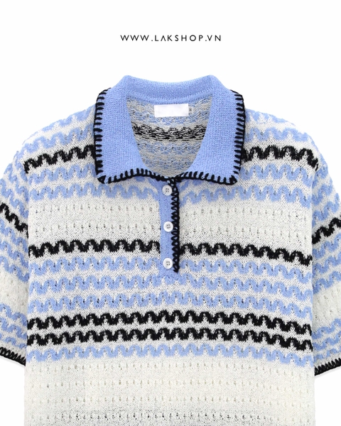 Áo Oversized Blue Stripe Mesh Knit Polo