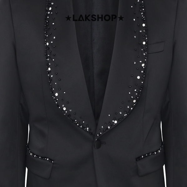 Áo Black Pearl Studded Beads Coat Shawl Lapel Tuxedo Jacket