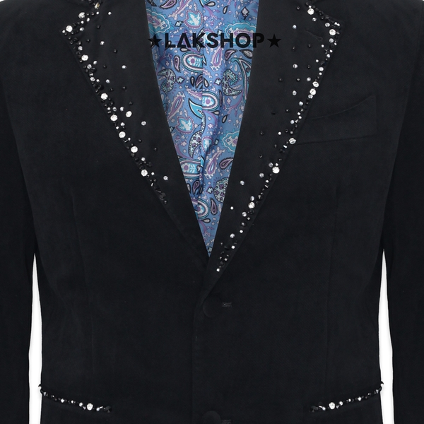 Áo Black Velvet Pearl Studded Beads Blazer