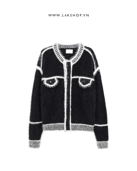 Áo Black with White Trim Faux Fur Cardigan cx2