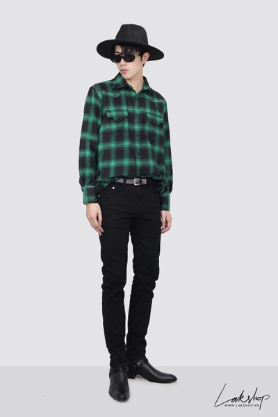 Lak Studios Stud Checked Flannel Shirt in Green  cs9