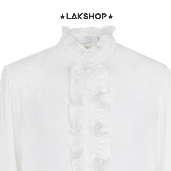 Áo White Ruffled Trim Stand Collar Shirt