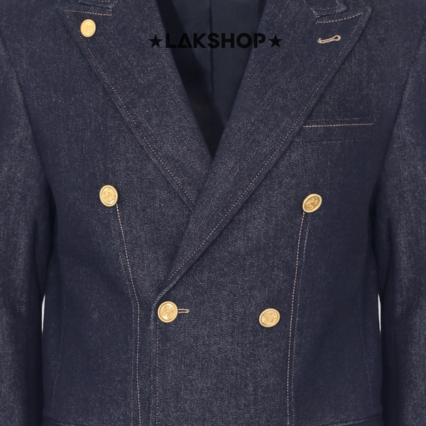 Áo Navy Denim Double-Breasted Button Blazer