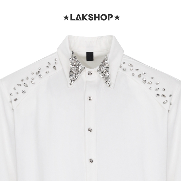 Áo White with Stone Padded Shoulder Shirt
