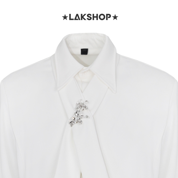 Áo White Bow Tie Stone with Padded Shoulder Shirt