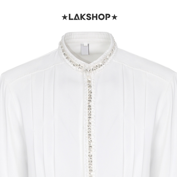 Áo White with Trim Pearl Stand Collar Shirt