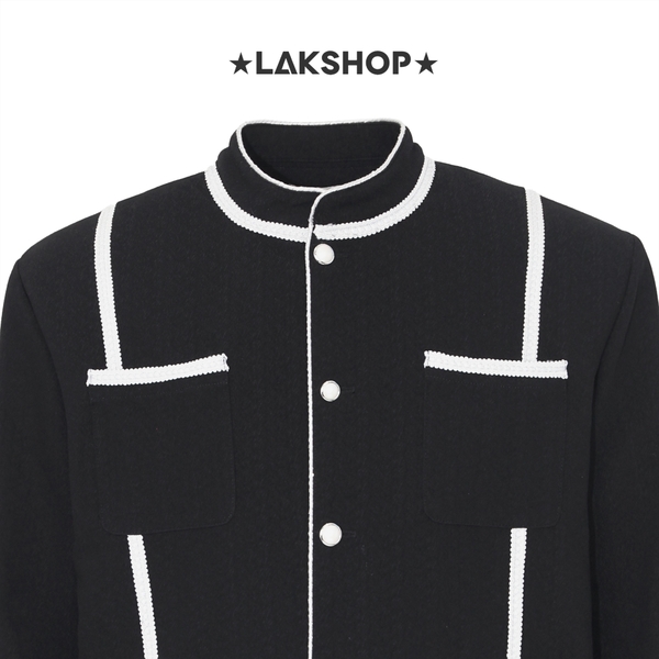 Áo Black with White Trim Mandarin Collar Jacket