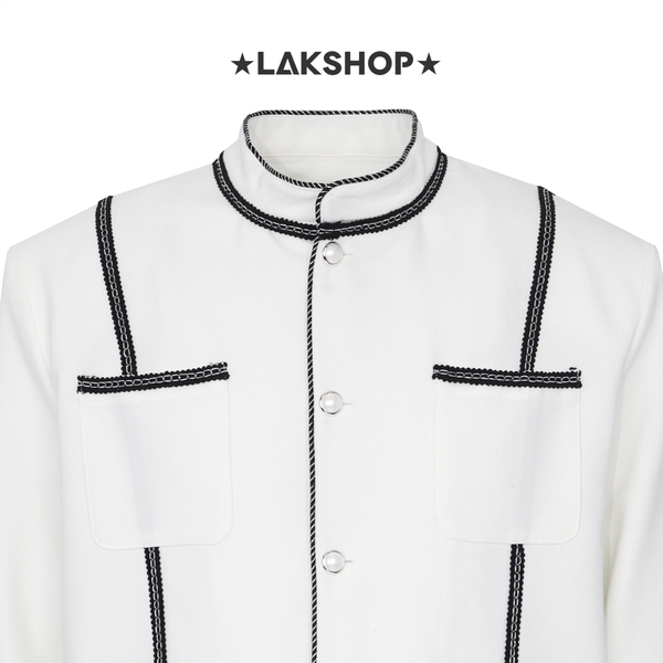 Áo White with Black Trim Mandarin Collar Jacket