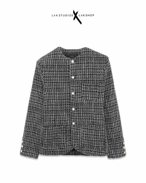 Áo Lak Studios Black Glitter Check Collarless Tweed Jacket cx3