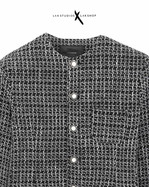 Áo Lak Studios Black Glitter Check Collarless Tweed Jacket cx3