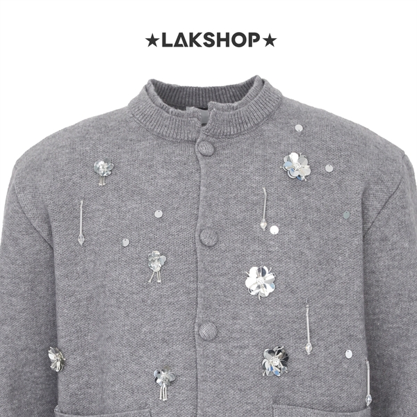 Áo Grey with Flower Double Neck Sweater Jacket