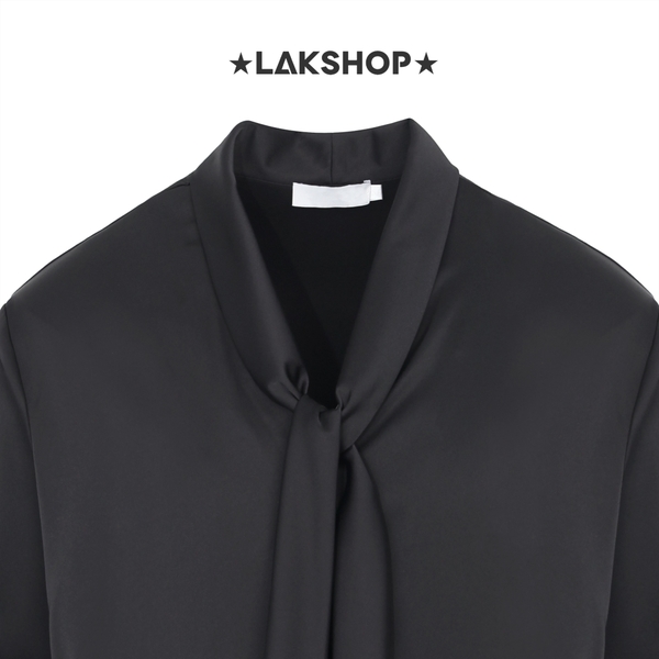 Áo Black Silk Long Sleeve Tie Neck Shirt