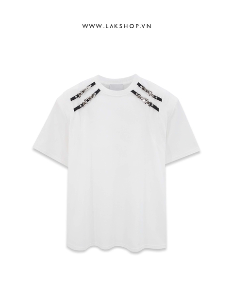 Áo Oversized White Buckle Neck Shoulder Padding T-shirt   cs3