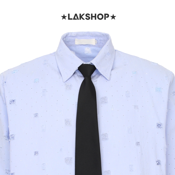 Áo Blue Oversized Bling Torn Shirt with Tie