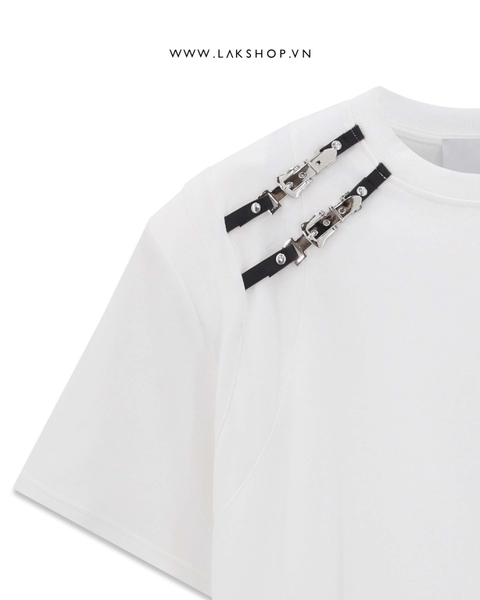 Oversized White Buckle Neck Shoulder Padding T-shirt