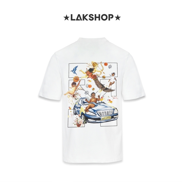Áo White Car Fresco Print T-Shirt