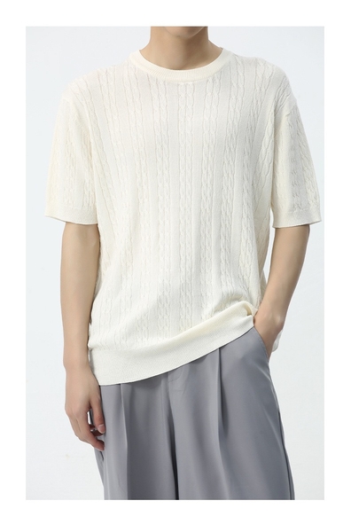 Áo Cream White Rope Knitted T-shirt