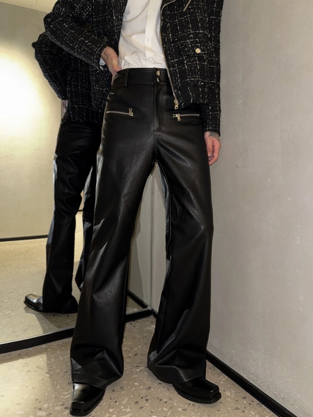 Quần Black Zipper Flared Leather Pants