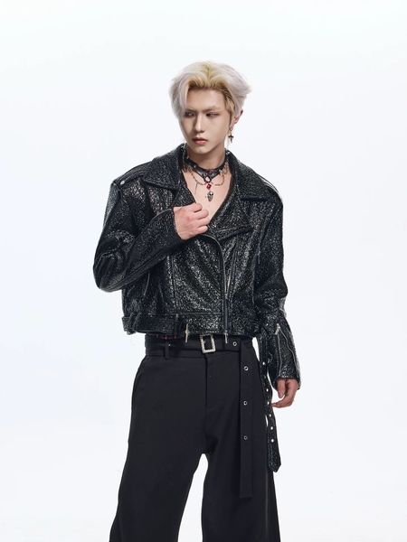 Áo Shiny Black Mid-Crop Leather Moto Biker Jacket