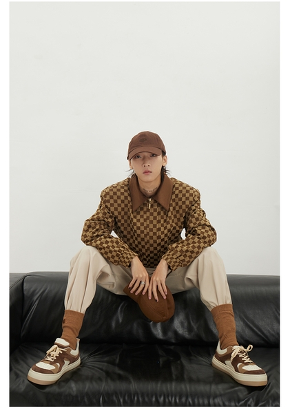 Áo Brown Checkerboard with Velvet Neck Jacket