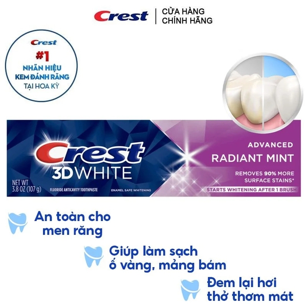 Kem Đánh Răng Sạch Mảng Bám, Sạch Mảng Bám Crest 3D White Advanced Radiant Mint
