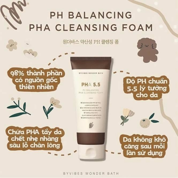 Sữa Rửa Mặt Byvibes Wonder Bath PHA 5.5 PH Balancing PHA Cleansing Foam 150ml