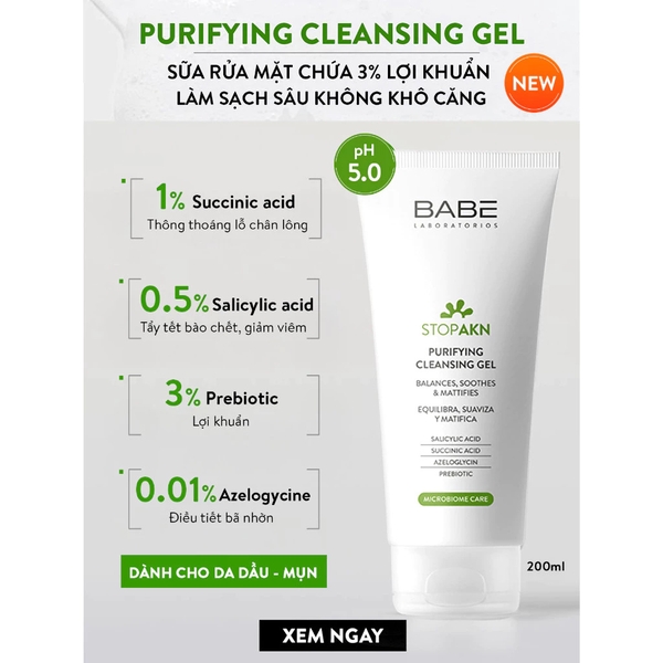 Sữa rửa mặt da dầu mụn Babe Stop Akn Purifying Cleansing Gel