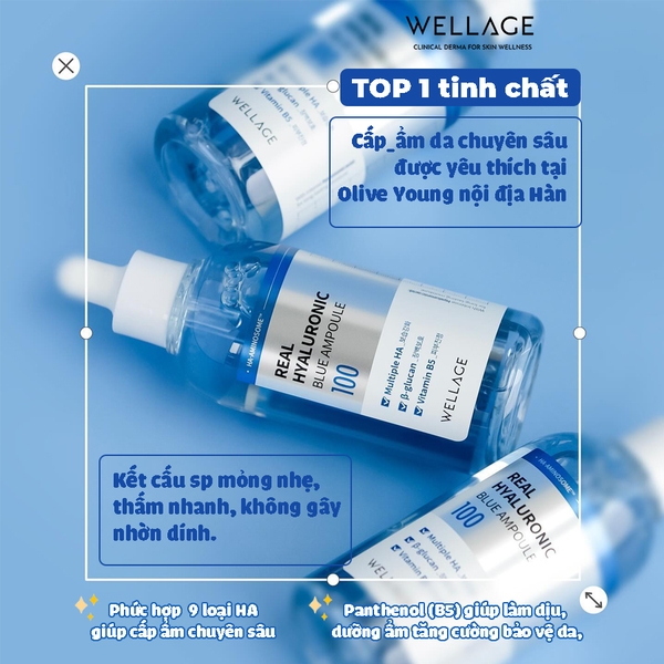 Serum Cấp Nước, Phục Hồi Da Wellage Real Hyaluronic Blue Ampoule 100