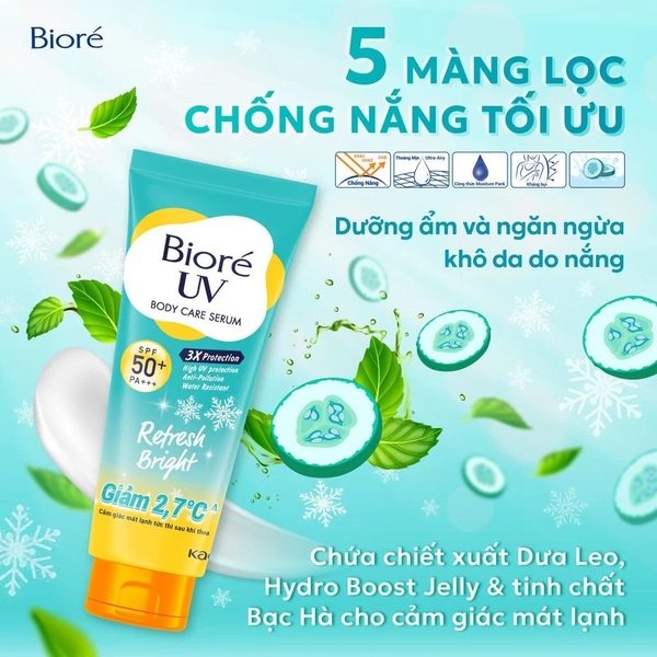 Serum Chống Nắng Dưỡng Thể Bioré Sáng Mịn Mát Lạnh UV Anti-Pollution Body Care Serum Refresh Bright SPF 50+/PA+++