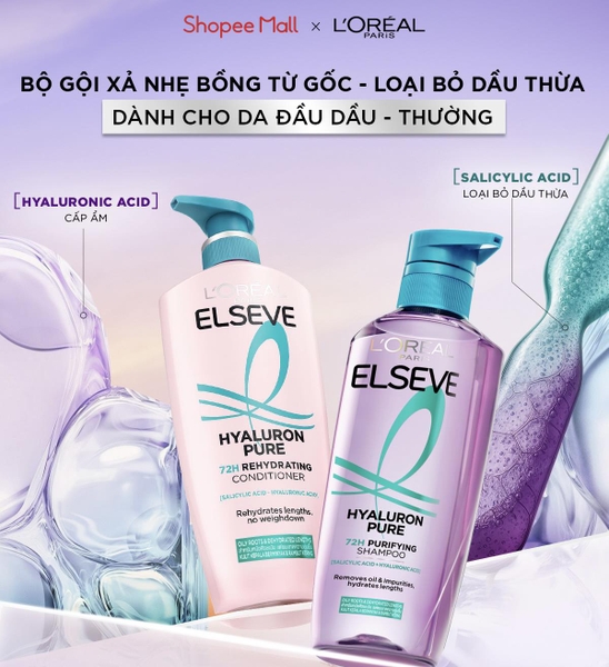 Bộ gội xả L'Oreal Elseve 72H HA Pure cho da đầu dầu và da đầu khô