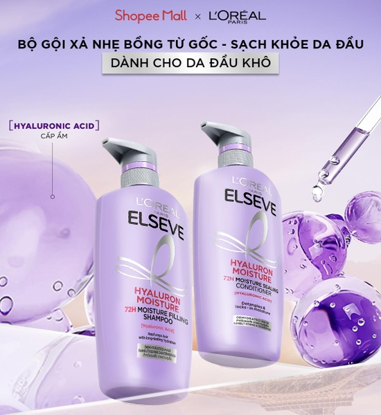 Bộ gội xả L'Oreal Elseve 72H HA Pure cho da đầu dầu và da đầu khô