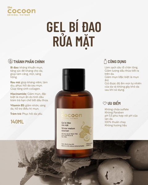Gel rửa mặt da dầu mụn bí đao Cocoon Winter Melon Cleanser Bí Đao140ml