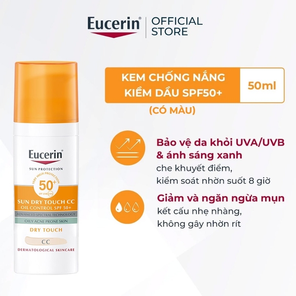 Kem Chống Nắng Eucerin Kiềm Dầu (Có Màu) Sun Dry Touch CC Oil Control SPF 50+