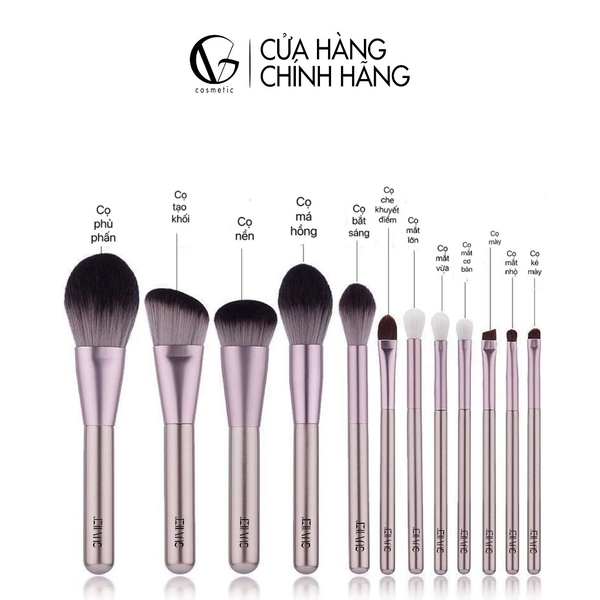 Bộ cọ trang điểm cá nhân GUVIET set 12 cây màu nâu ngà có bao da