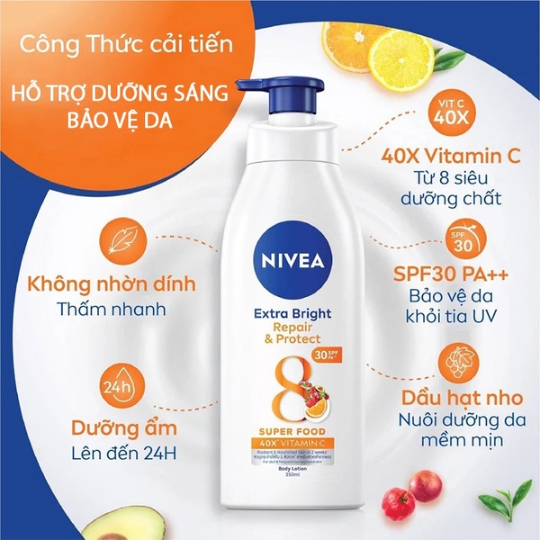 Sữa Dưỡng Thể Sáng Da, Giúp Da Đàn Hồi, Căng Mịn Nivea Extra Bright Body Lotion 350ml