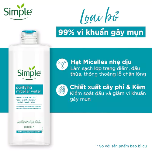 Nước tẩy trang da dầu mụn Simple Purifying Micellar Water 400ml