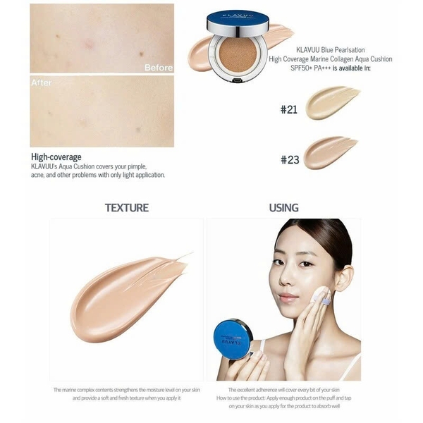 Phấn Nước Klavuu Blue Pearlsation High Coverage Marine Collagen Aqua Cushion SPF50+/PA+++
