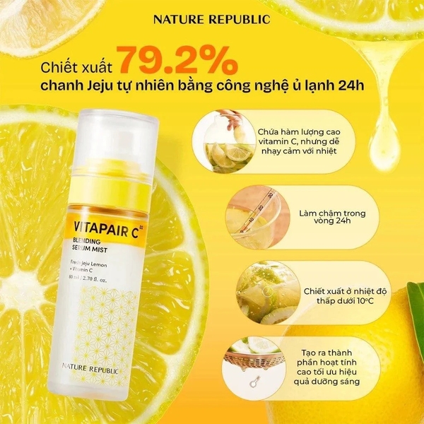 Serum dạng xịt khoáng dưỡng trắng căng bóng da Nature Republic Vitapair C Blending Serum Mist