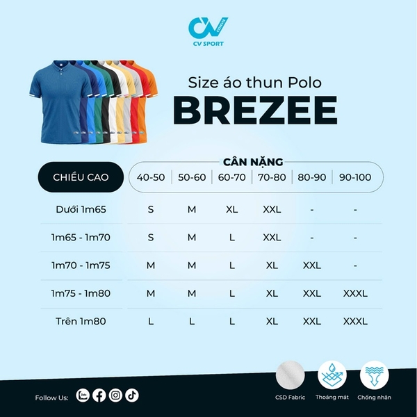 bảng size Áo di chuyển Polo Convis CV Brezee