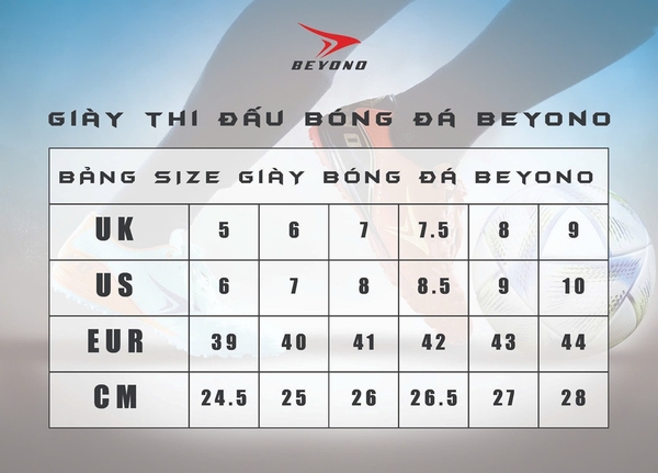 Bảng size giày đá banh sân cỏ nhân tạo chính hãng Beyono