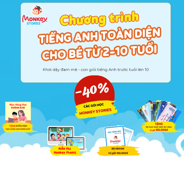 Evoucher 1 năm - Monkey Stories Tiếng Anh Toàn Diện Cho Bé 2-10 Tuổi - Ứng dụng học trên điện thoại di động, laptop, máy tính bảng