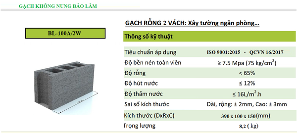 Gạch 2 Thành Vách BL-100A/2W ( 390 x 100 x 150 )