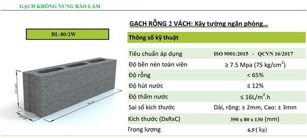 Gạch 2 Thành Vách BL-80/2W (390 x80 x 130 )