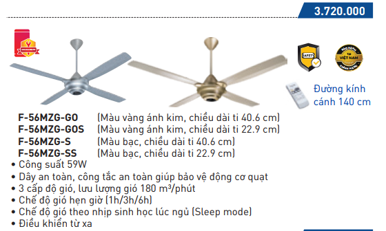 Quạt trần 4 cánh Panasonic F-56MZG-S (remote) | HÀNG BẾP