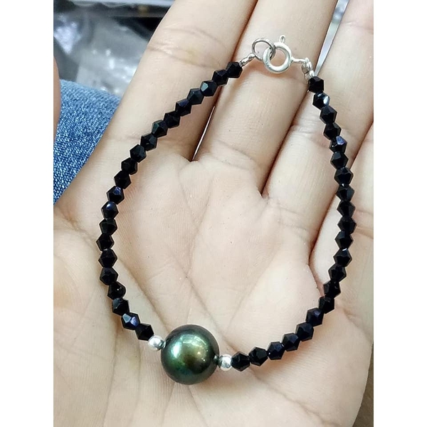 LẮC TAY NGỌC TRAI MÀU XANH RÊU MIX CƯỜM ĐEN