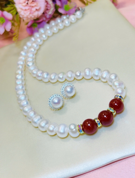 Bộ Chuỗi Ngọc Trai Thanh Lịch - Hoa Tai Chế tác bạc, Ngọc trai 7-8li ovan