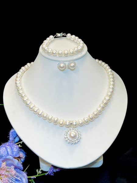 Bộ Chuỗi Ngọc Trai Sang Trọng. Trang Sức Chế Tác Bạc